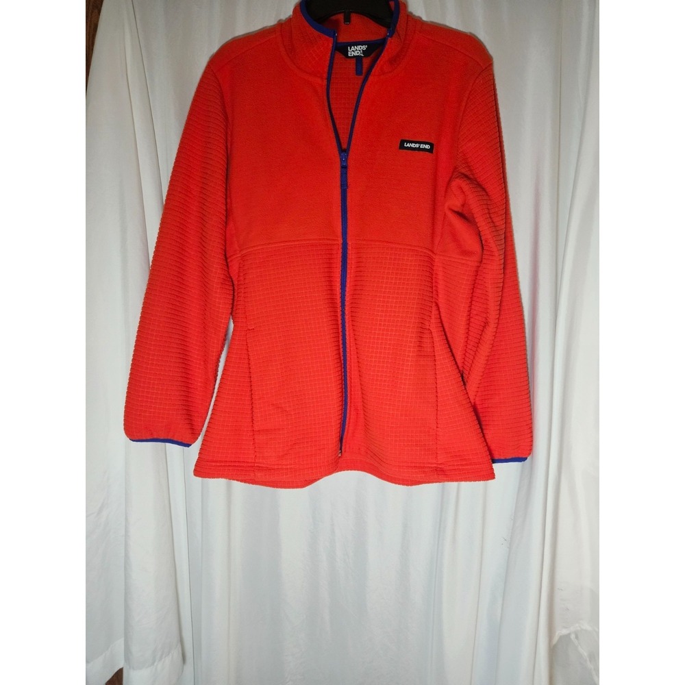 Lands' End Women's L Grid Fleece Full Zip Jacket Orange Blue Gorpcore Outdoors